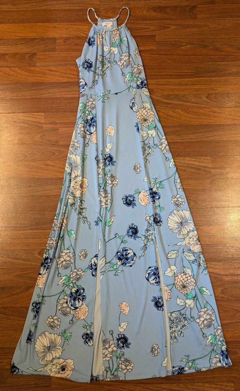 Y2K Candies Womens XS Blue Floral Halter Maxi Dress Boho Keyhole 2000s